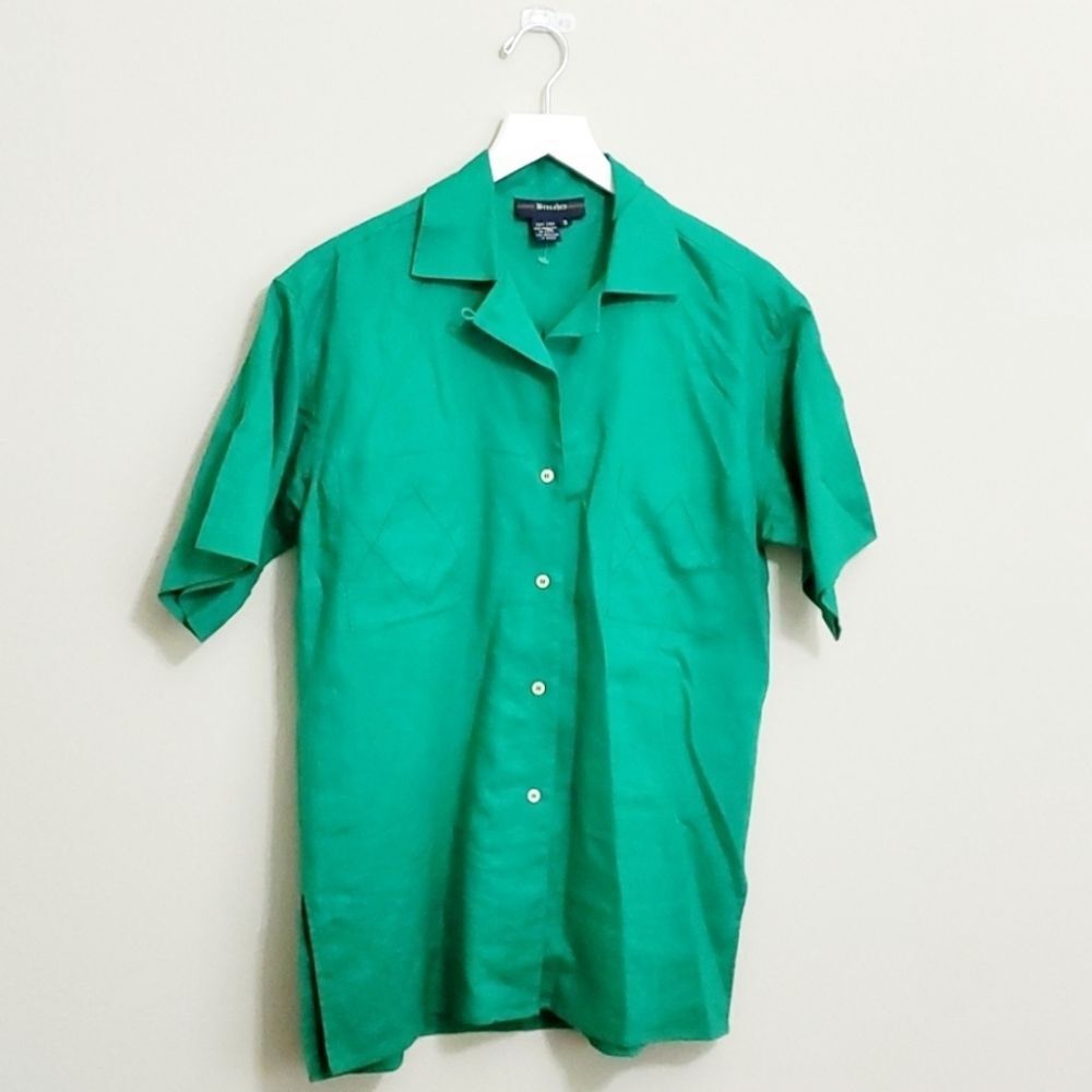 Vintage BREECHES Green 100% Linen Short Sleeve Camp Collar Resort Shirt Size 8
